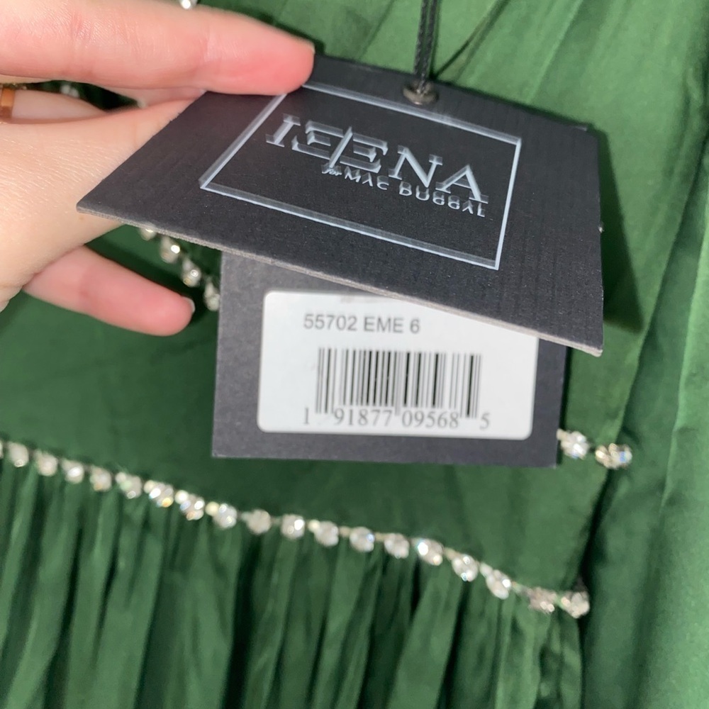 IEENA FOR MAC DUGGAL Rhinestone Trim Puff Sleeve Gathered Formal Gown Green Sz 6 - Picture 11 of 12